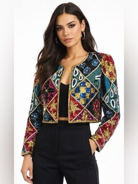 Vintage Night Vogue Sequin Beaded Cropped Art Deco Jacket Glam